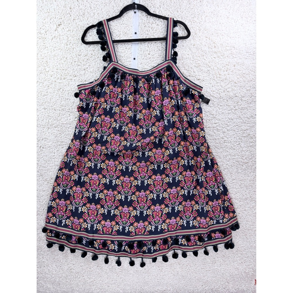 Crown & Ivy Floral Pom Pom Tank Top Women XXL Navy Blue Excellent Boho Tank‎